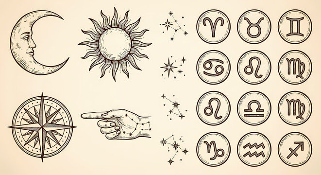 Vintage celestial and astrological symbols set with moon, sun, compass, constellations, and zodiac signs.