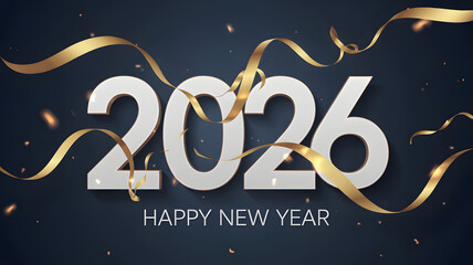 Happy New Year 2026 in elegant white and gold confetti with ribbon on dark blue background for celebration greeting card