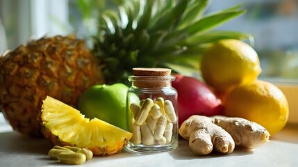 Fresh tropical fruits and herbal supplements on white kitchen counter with vibrant natural light highlighting healthy lifestyle and nutrition focus