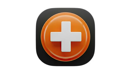 3D render of a plus icon with orange and black background on transparent background