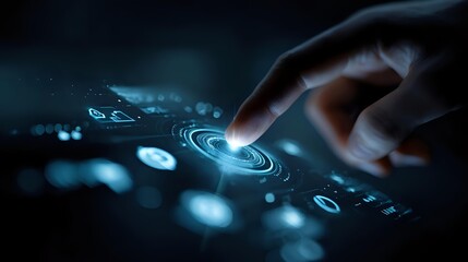 Futuristic holographic interface with glowing icons on dark background, emphasizing technology, innovation and digital design theme