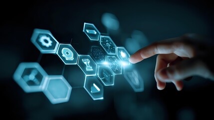 Futuristic holographic interface with glowing icons on dark background, emphasizing technology, innovation and digital design theme