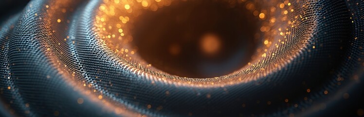 Dark metal mesh swirls inward, creating vortex effect with glowing golden lights. Abstract textured surface has futuristic, elegant design with sense of depth and movement, ideal for tech concepts.
