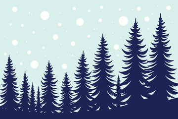 Fototapeta premium Snowy forest landscape with tall evergreen trees on a light blue background with falling snowflakes