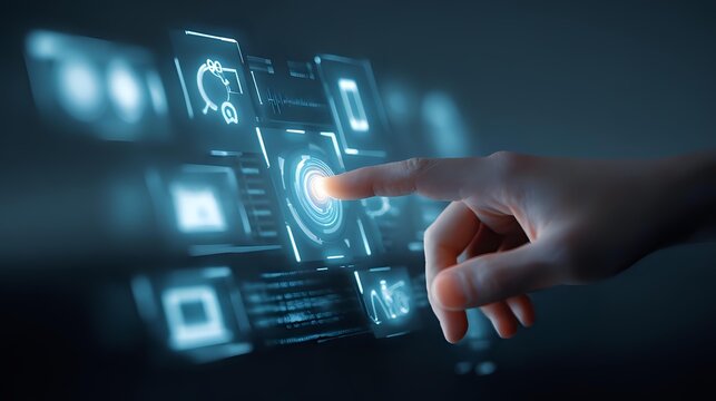 Futuristic holographic interface with glowing icons on dark background, emphasizing technology, innovation and digital design theme - Powered by Adobe