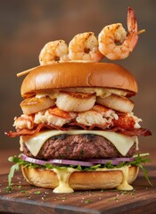 Gourmet Seafood Burger Featuring Grilled Shrimp Scallops Lobster and Bacon Topped with Cheese and Red Onion on a Brioche Bun With Creamy Sauce and Arugula Garnish