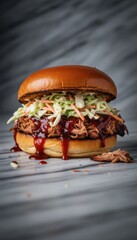 Delicious Pulled Pork Sandwich With Creamy Coleslaw And BBQ Sauce On A Toasted Bun With A Marble Background