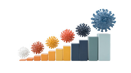 Colorful 3d viruses expanding exponentially in size against a transparent background, illustrating the concept of viral growth, spread, and the potential impact on health and disease