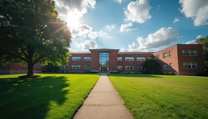 Brick school building with large green lawn and mature tree under bright sky with clouds. Pathway leads to entrance of educational institution exterior. Sunny day.