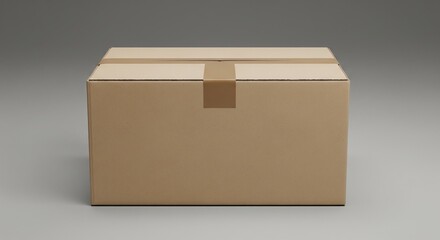 Empty cardboard shipping box standing on plain gray background for packaging