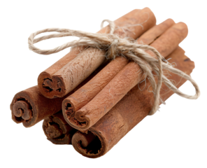 Cinnamon sticks are arranged and tied together with natural string. The photo highlights their unique texture and rich brown color, perfect for culinary use and spice decoration