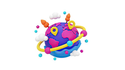 3D Stylized Globe with Location Pins and Abstract Elements on transparent background