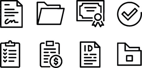 Document line icon set. Documents symbol collection. Documents linear icon collection. Containing contract papers, folder, certificate, accept, approved, clipboard, invoice, archive and more.