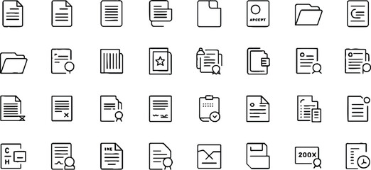 Document line icon set. Documents symbol collection. Documents linear icon collection. Containing contract papers, folder, certificate, accept, approved, clipboard, invoice, archive and more.