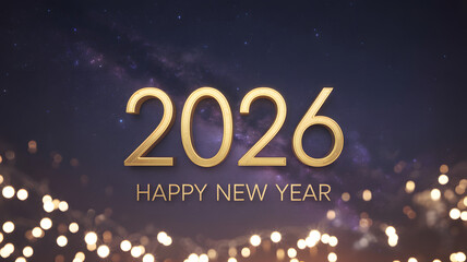 Happy New Year 2026 celebration in golden typography with festive lights and starry night sky for greeting card