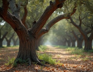Mature cork oak trees line a path in autumn forest. Dry leaves cover the ground beneath gnarled branches. Sunlight filters through the canopy creating a peaceful nature scene.