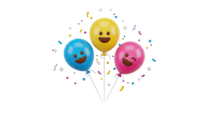 3D Three Happy Face Balloons with Confetti and Stars on transparent background