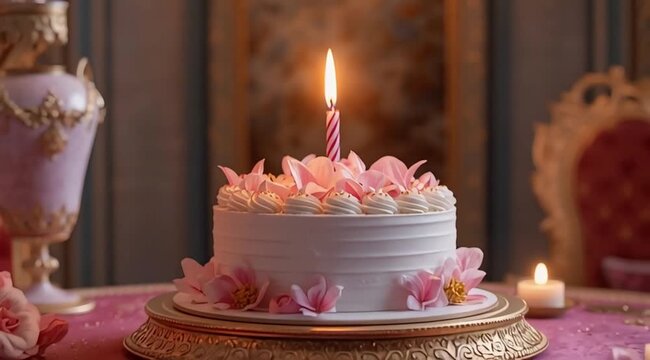 create 3d animated cartoon image of Beautiful New Year cake on a royal table, white cream, pink flowers, &ldquo;Happy New Year&rdquo; candle glowing, magical animated cartoon style, soft glow