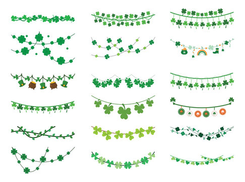 St. Patrick's Day Clover Garland and Divider Set. Vector Greenery Borders with Shamrock, Pot of Gold, and Rainbow for Holiday Web Decoration.