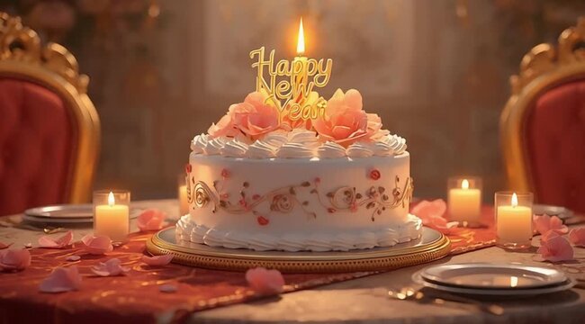 create 3d animated cartoon image of Beautiful New Year cake on a royal table, white cream, pink flowers, &ldquo;Happy New Year&rdquo; candle glowing, magical animated cartoon style, soft glow