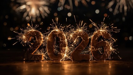 Wooden Numbers 2026 Illuminated by Sparklers and Bokeh Lights on a Reflective Surface
