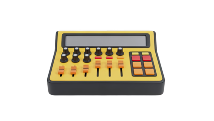 3D Yellow mixing console with sliders and knobs on transparent background