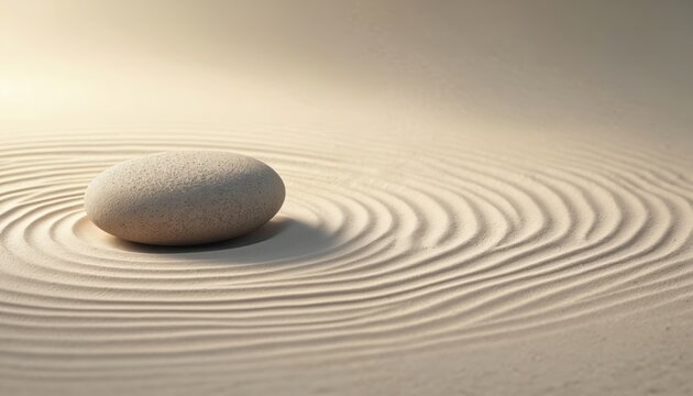 Smooth beige sand surface features a single rounded stone with curved lines creating a serene minimalist composition. Natural earthy texture with soft shadow evokes calm and balance.