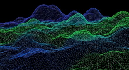 Abstract wireframe landscape with blue and green glowing mesh surface