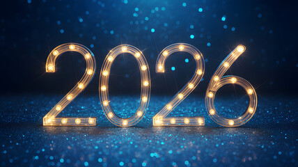 2026 New Year in illuminated numbers with festive lights on blue sparkling background for calendar design