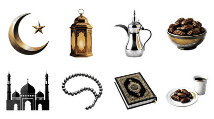 Halftone sticker set of Islamic religious and cultural objects, retro vintage dot matrix graphics of Ramadan symbols, Mosque silhouette, crescent, dates, and lantern collection