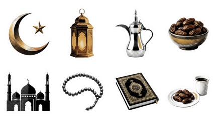 Halftone sticker set of Islamic religious and cultural objects, retro vintage dot matrix graphics of Ramadan symbols, Mosque silhouette, crescent, dates, and lantern collection