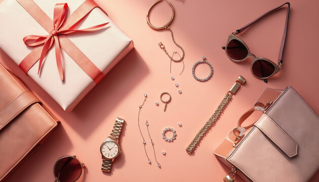 Flat lay arrangement of feminine accessories including jewelry, watches, sunglasses, handbags on coral background. Gift box with pink ribbon also present, suggesting celebration special occasion.