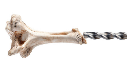 Fototapeta premium Close up of a drill bit entering a bone structure, highlighting the concept of bone drilling or medical procedures involving bone penetration, isolated on a transparent background