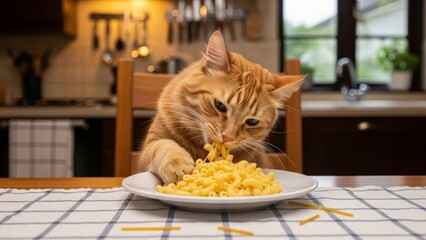 cat eating mac and cheese