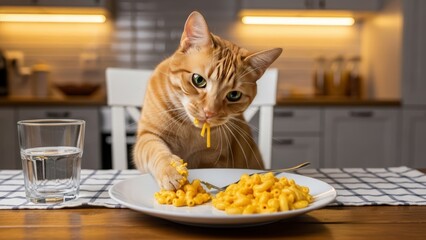 cat eating mac and cheese