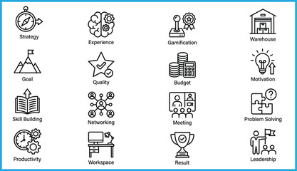 Set of 16 black line icons for business, productivity, and professional development concepts, ideal for vector illustration content