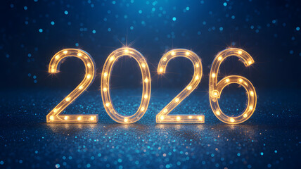 New Year 2026 in glowing golden numbers with festive sparkling lights on blue background for celebration