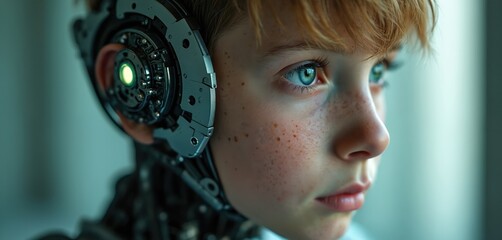 Young boy with cybernetic ear implant has blue eyes and freckles. He looks to side with serious expression. Futuristic artificial body part merged with human.