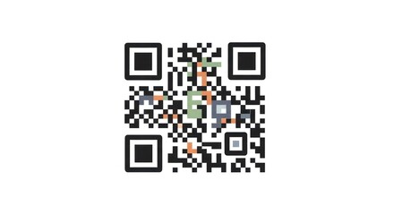 Stylized colorful QR code isolated on white surface, with artistic touch