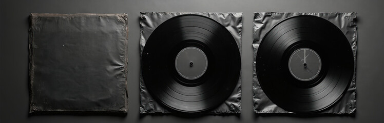 Three black vinyl records show wear. One record is partly out of its sleeve. The other two records have scratches and texture, revealing damage. All stored on dark surface.