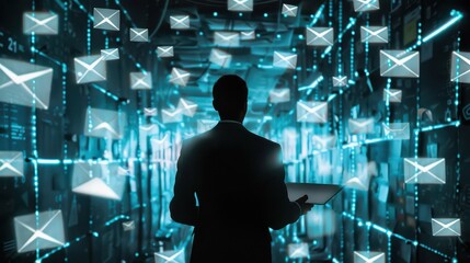 Businessman overwhelmed by emails in digital server room