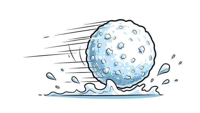 A dynamic cartoon illustration of a large snowball rolling and speeding along the ground with motion lines and splashes.