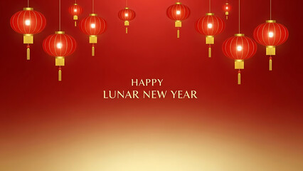 Red lanterns and text happy lunar new year chinese