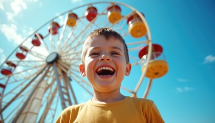 Young boy laughs happily, rides Ferris wheel at amusement park. Sunny day, clear blue sky, fun activity, family vacation, summer enjoyment, childs joy.