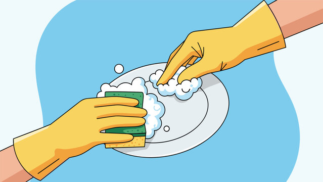 An illustration of two hands in yellow rubber gloves washing a white plate with a sponge, creating lots of soapy bubbles.
