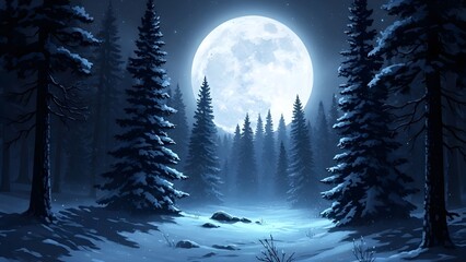 Moonlit winter forest with snow covered trees under full moon
