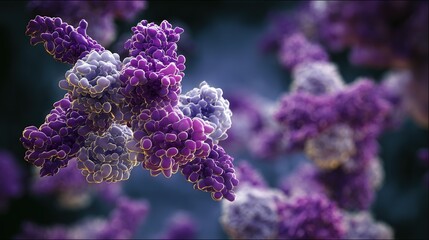 monoclonal antibody production, hybridoma cells, antibody molecules, purple and white, biopharmaceutical 