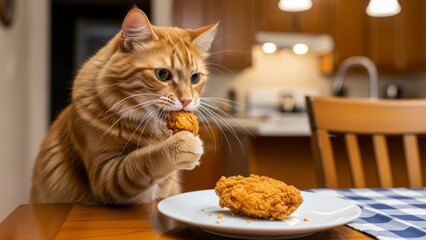 cat eating fried chicken
