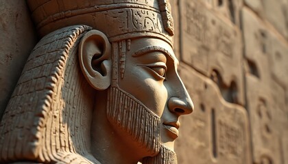 Ancient Sumerian stone sculpture detail of a regal face with headdress and beard. Bearded figure carved into textured wall with cuneiform inscriptions. Old civilization art, historic artifact.