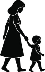 A mother and child walking hand in hand in silhouette